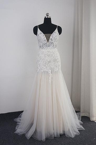 Elegant Floral Appliques A-line Tulle Wedding Dress Spaghetti Straps V-Neck Evening Dress