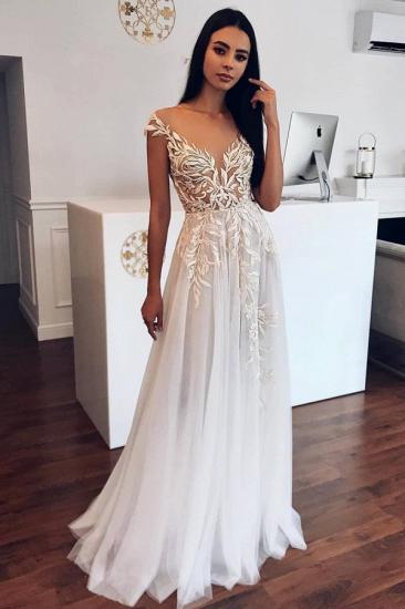 Appliques Sheer Tulle A-line Wedding Dresses | Sleeveless Tulle Pleated Bridal Gowns