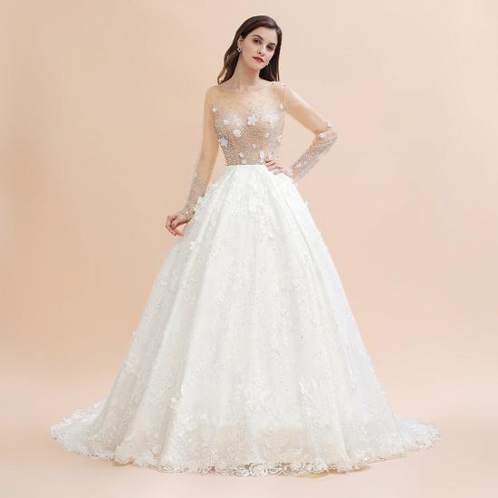 Charmantes Hochzeitskleid mit floralen Spitzenapplikationen Wunderschönes weißes Perlen-Brautkleid_5