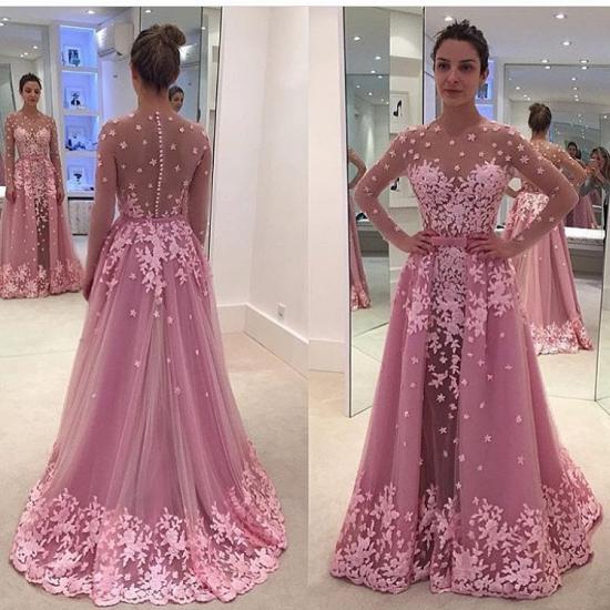 2022 Candy Pink Long Sleeve Prom Dress Lace Appliques Overskirt 2022 Evening Gown_3