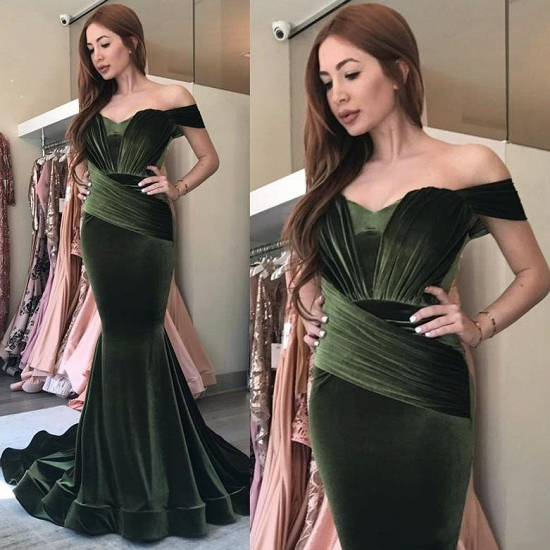 Elegant Olive Green Velvet Prom Dresses | Off-the-Shoulder Ruched Evening Gowns_4