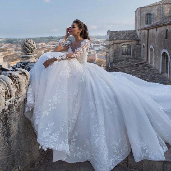 Long SLeeves A-line Wedding Dress Floral Lace Appliques Bridal Dress_4