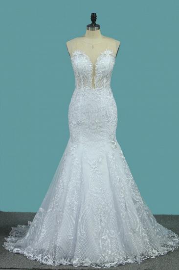 TsClothzone stilvolles Juwel ärmelloses weißes Tüll-Hochzeitskleid Meerjungfrau-Applikationen Brautkleider mit Wickeln online_2
