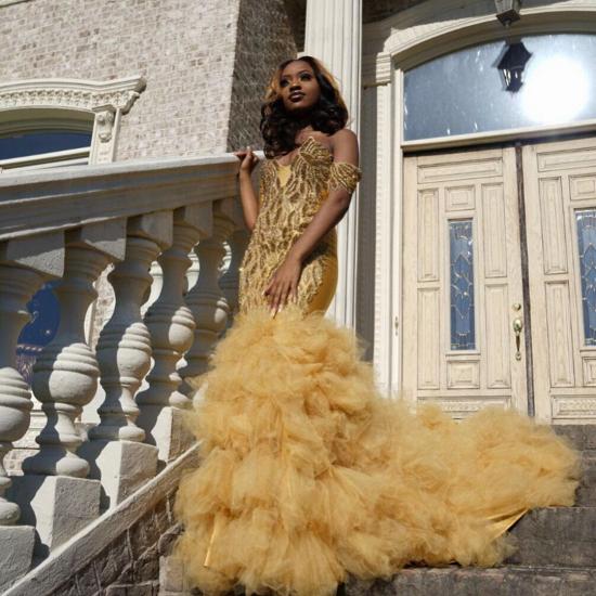 Gold Beads Appliques Fit and Flare Prom Dresses | Off The Shoulder Tulle Ruffles Evening Gowns_3