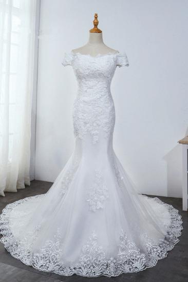 TsClothzone Affordable Off-the-Shoulder Mermaid White Wedding Dress Short Sleeves Tulle Appliques Bridal Gowns On Sale