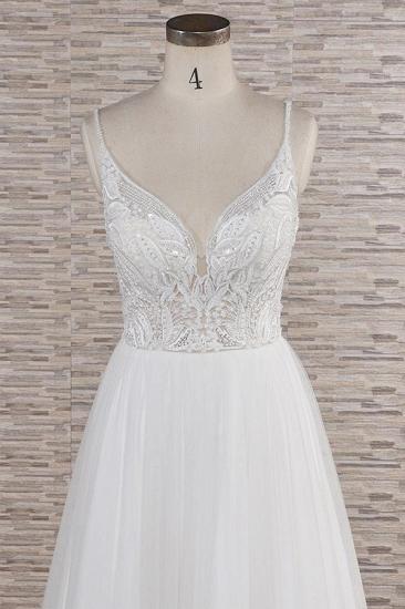 Glamouröse Spaghettiträger mit V-Ausschnitt, weißes Hochzeitskleid | A-Linie ärmellose Tüll-Spitze-Brautkleider_5