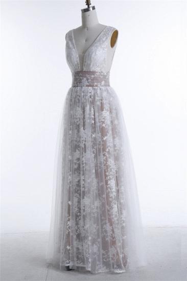 2022 Sleeveless Formal Dress Deep V-neck Lace Tulle Prom Dress_1