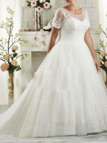 Affordable A-Line Wedding Dress Scoop Lace Short Sleeve Bridal Gowns Sweep Train