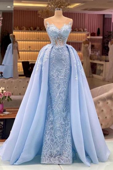 Design Blue Long Lace Prom Dresses Evening Gowns_1