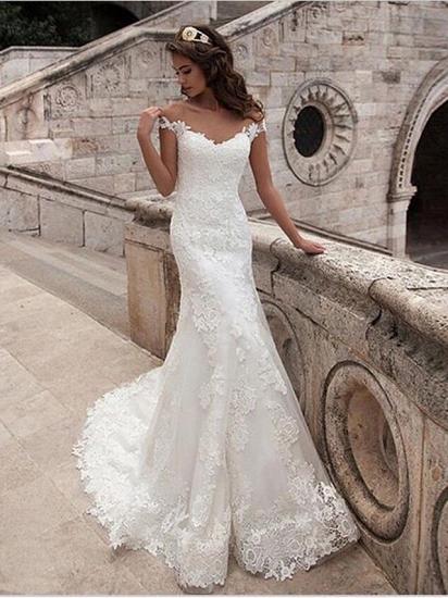 Affordable Mermaid Wedding Dresses Off Shoulder Lace Tulle Lace Short Sleeve Sexy Bridal Gowns with Court Train_2