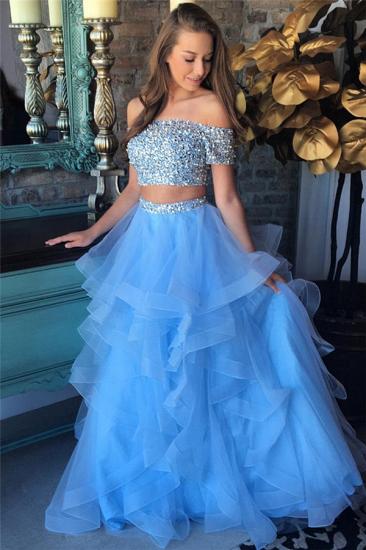 Off the Shoulder Crystals Beads 2022 Two Piece Prom Dress Blue Organza Tiere Ruffles Evening Gown