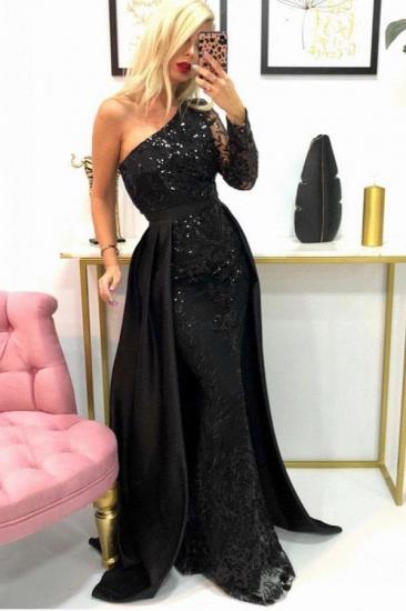 Sparkly Sequins One Shoulder Black Mermaid Prom Dress with Detachable Train_1
