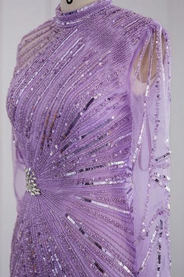 Elegante Abendkleider im Meerjungfrau-Stil mit Stehkragen und langen Ärmeln, Perlenstickerei und Kristallschärpe_10
