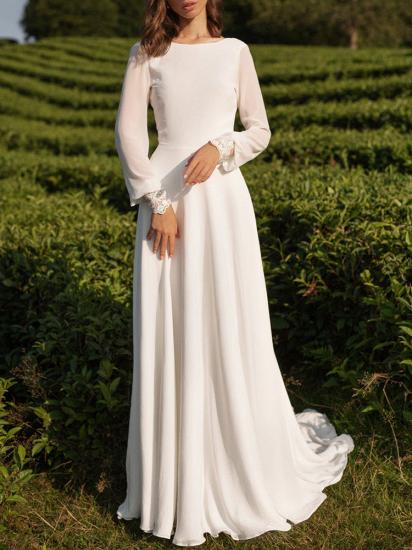 Chiffon White Long Sleeves Backless Lace A-Line Wedding Dresses_3