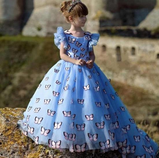 Chic Jewel Cap Volant Ärmel Puffy Flower Girl Kleider mit handgemachten Schmetterlingen | Langes Mädchen Festzug Kleid_1