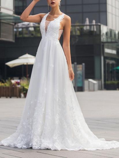 Beach A-Line Wedding Dress V-Neck Lace Tulle Sleeveless Sexy Backless Bridal Gowns with Sweep Train_1