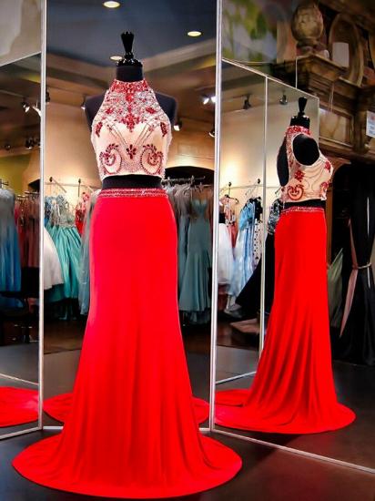 High Collar Two Piece Prom Dresses Beading Open Back Long 2022 Evening Gowns_2