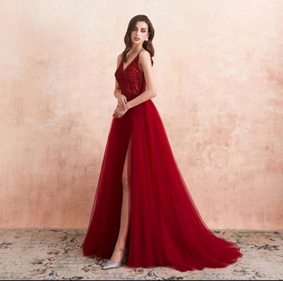 Luxury Burgundy V-Neck Beading Tulle Appliques Prom Dress A-line Side Split Evening Dress_4