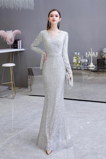 Elegant Sparkle Sequined Burgundy Long sleeve V-neck Mermaid Long Prom Dress_9