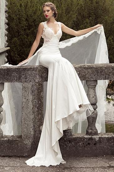 Elegantes Brautkleid mit Satinapplikationen Meerjungfrau-Schleife-Zug-Hochzeitskleid mit durchsichtigem Spitzenzug_4