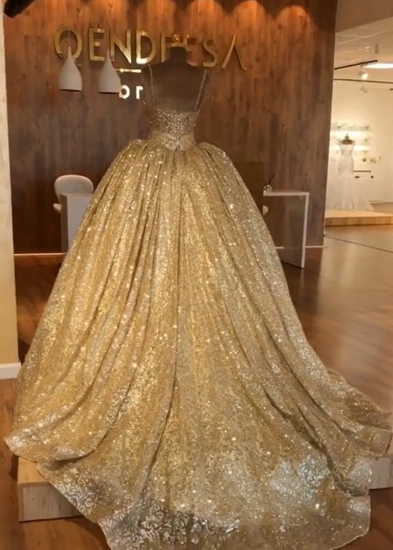 Spaghettiträger Ballkleid Abendkleid Billig | Luxus-Abendkleid mit goldenen funkelnden Pailletten 2022_3