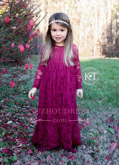 Lace Flower Sleeves Cute Fuchsia Girls Pageant Dresses_2