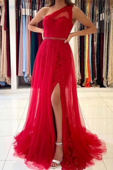 Charming One Shoulder Tulle Evening Prom Dress with detacable train side slit_1