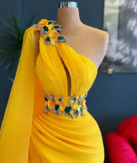 One Shoulder YellowRuffle Floral Appliques Beads Mermaid Evening Gown with Cape_2