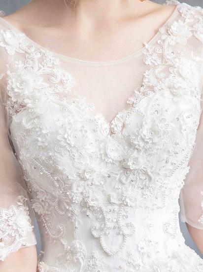 Glamouröses durchsichtiges Ballkleid-Hochzeitskleid U-Ausschnitt-Spitze Tüll Pailletten Halbarm-Brautkleider mit Kapellenschleppe_10