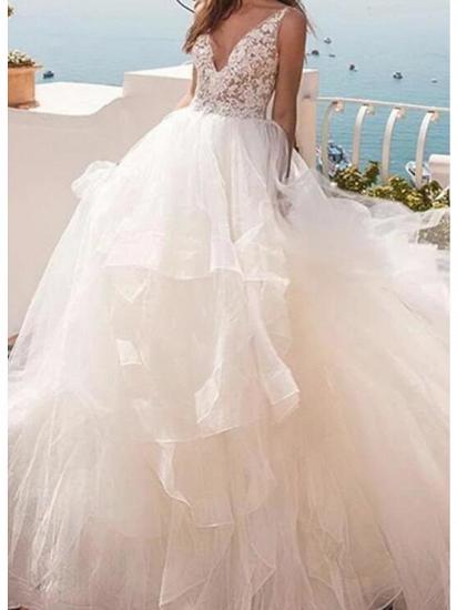 Sexy Ball Gown Wedding Dresses V-Neck Lace Tulle Sleeveless Bridal Gowns Country See-Through Sweep Train_3