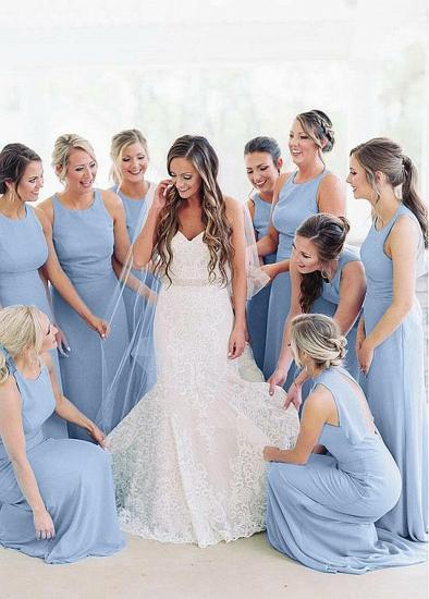 Shop Cheap Chiffon Jewel Blue Floor-length Sheath/Column Bridesmaid Dress