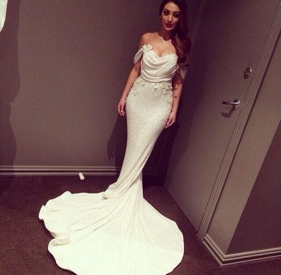 Off Shoulder Mermaid Prom Dress Sequins White Long Evening Dress with Flowers_2