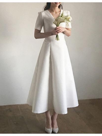 Vintage A-Line Wedding Dress V-Neck Satin Short Sleeve Formal Simple Plus Size Bridal Gowns Sweep Train_1