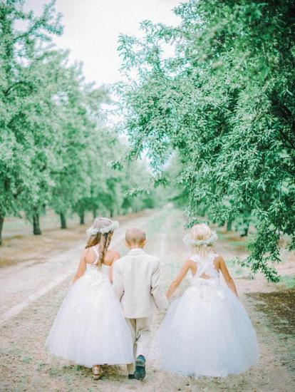 White Tulle Long Flower Girl Dress White Lace Dress with Crossed Back_4