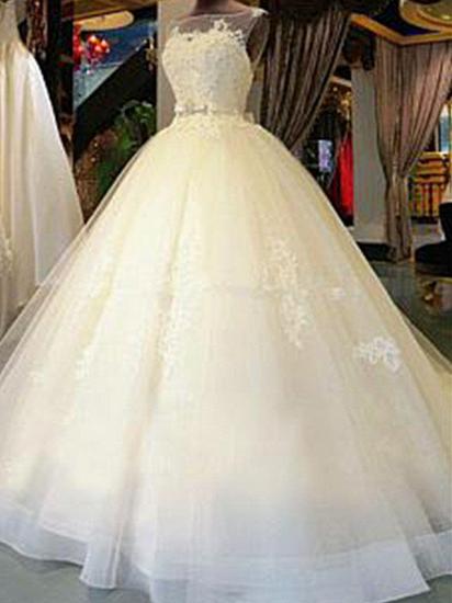Sleeveless Ribbon Scoop Applique Tulle Ball Gown Cathedral Train Wedding Dresses_1