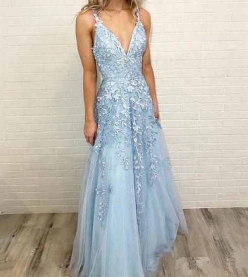Sky Blue Lace Prom Dresses Deep V Neck A Line Long Party Elegant Floor Length Women Evening Gowns