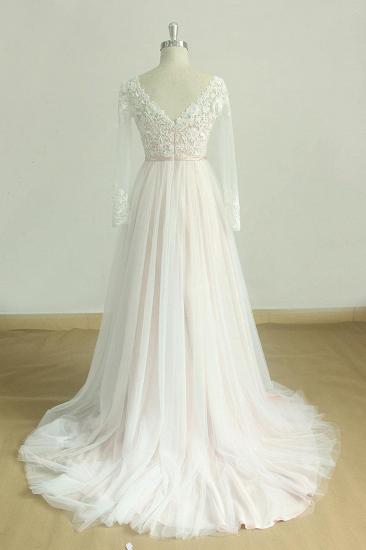Stilvolles Langarm-Hochzeitskleid aus Tüll mit V-Ausschnitt | Weiße Applikationen A-Linie Brautkleider_3