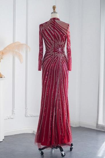 Elegante Abendkleider im Meerjungfrau-Stil mit Stehkragen und langen Ärmeln, Perlenstickerei und Kristallschärpe_12
