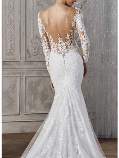 Sexy Mermaid Wedding Dress V-neck Lace Satin Long Sleeves Backless Bridal Gowns with Court Train_2