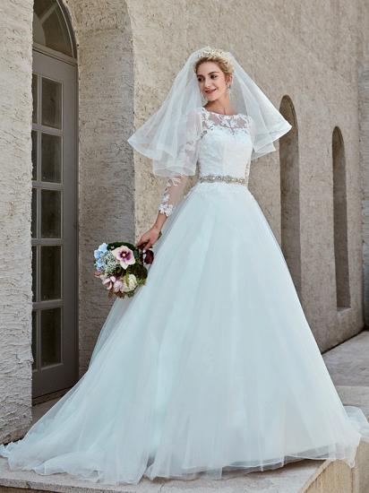 Beautiful Ball Gown Wedding Dress Bateau Lace Tulle Long Sleeves Bridal Gowns with Chapel Train_8