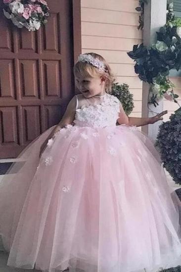 Süße Puffy Jewel Spring Lace Applizierte ärmellose Blumenmädchenkleider | Crew Langes Tüllkleid für kleine Mädchen