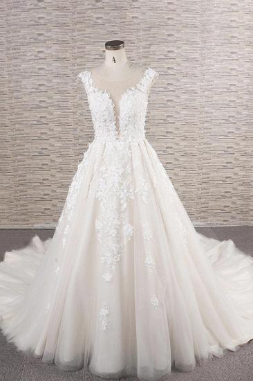 Elegantes A-Linien-Hochzeitskleid mit Juwelenträgern | Champgne-Tüll-Brautkleider mit Applikationen_1
