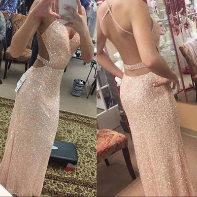 Spaghetti Straps Sequins Long Evening Dresses Open Back 2022 Prom Dress with Beading Belt_3