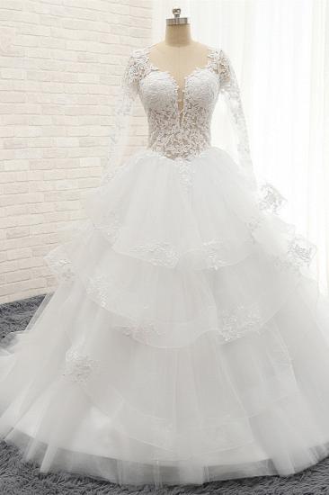 TsClothzone Glamorous Longlseeves Tulle Ruffles Wedding Dresses Jewel A-line White Bridal Gowns With Appliques On Sale_1