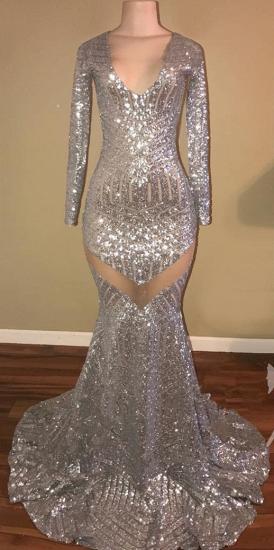 Sexy Sequined Silver Prom Dresses | V-Neck Long Sleeveless 2022 Evening Dresses_1