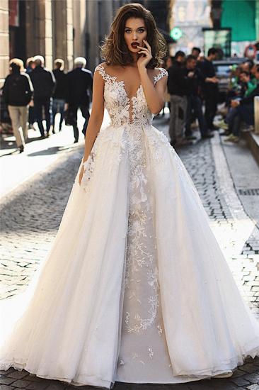 Lace Appliques Beads Overskirt Tulle Wedding Dresses | Cap Sleeves Sheer Back Sexy Cheap Bridal Gowns 2022