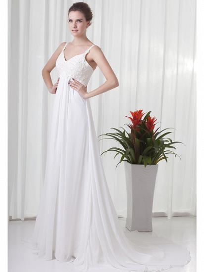A-Line Wedding Dress V-Neck Chiffon Satin Spaghetti Strap Bridal Gowns Court Train_2