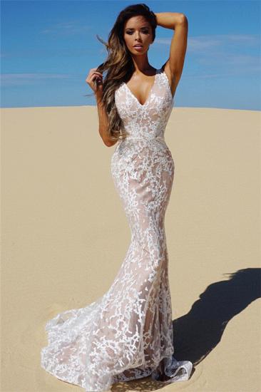 V-neck Sleeveless Mermaid Lace Prom Dresses Cheap | Sexy Evening Dress with Nude Lining_2