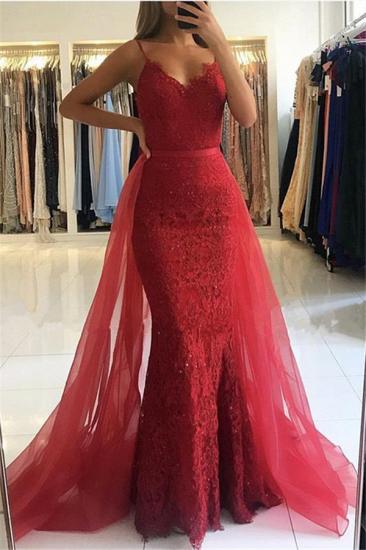 Red Sheath Spaghetti Straps Evening Dresses 2022 | Sexy Lace OverSkirt Evening Dress