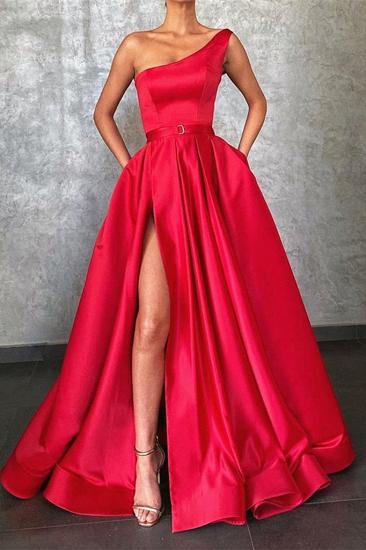 One shoudler Red High Split Prom Dresses with Pocket_1